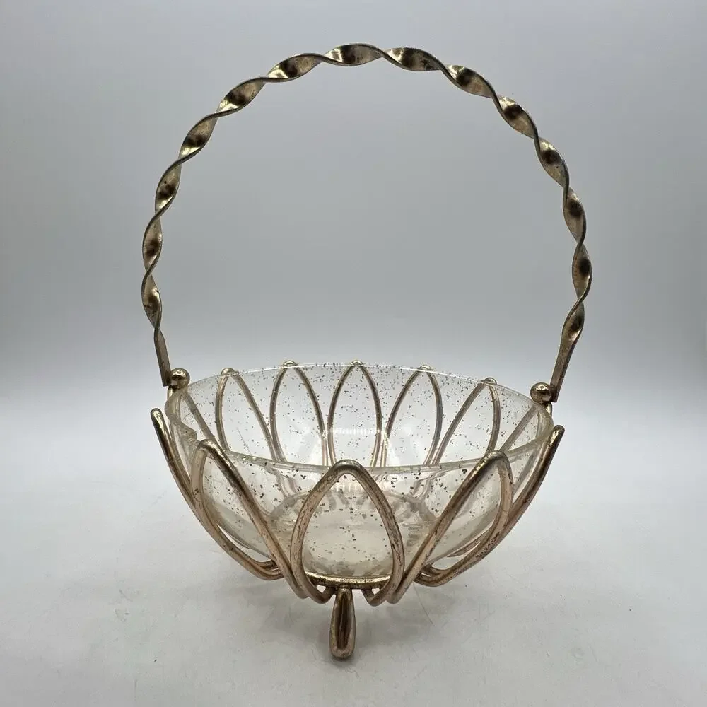 Vintage Atomic Gold Wire Lucite Basket Candy Dish Bowl 8